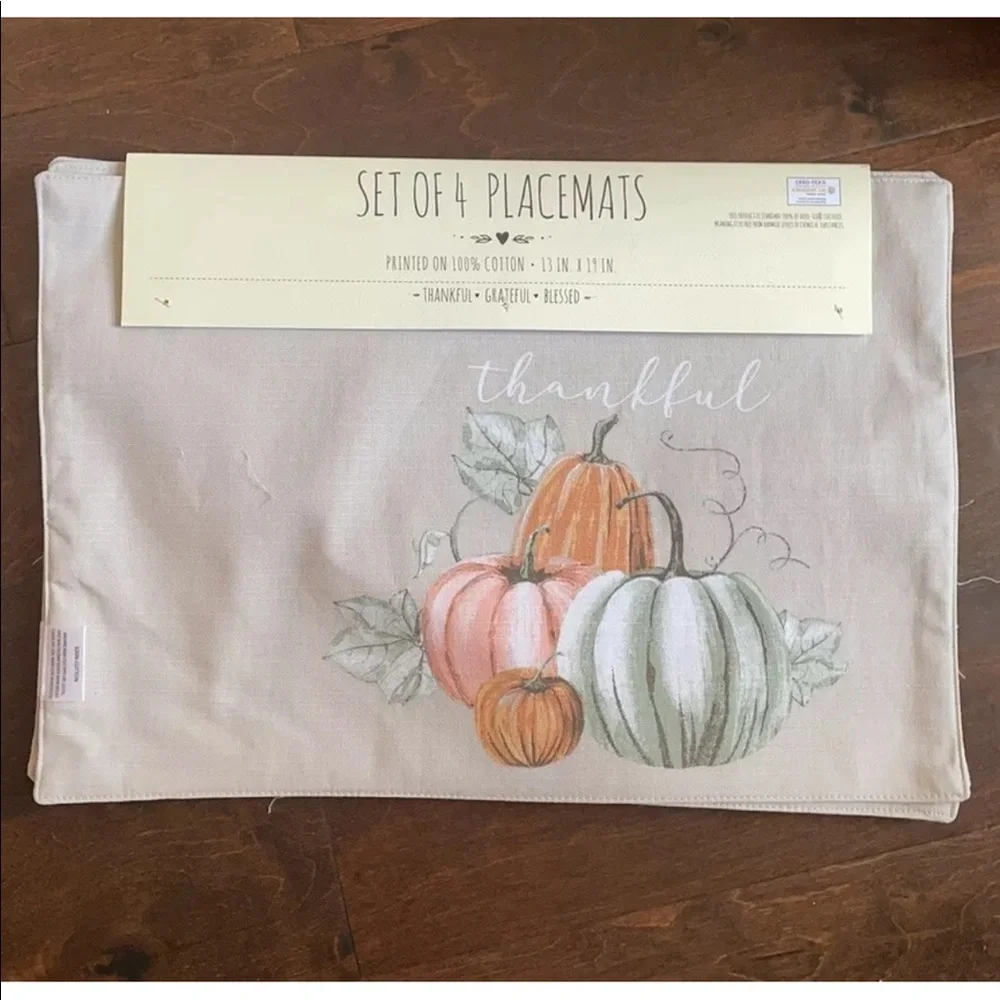 Pumkin Fall Placemats mats Thankful set of 4 New 100% Cotton